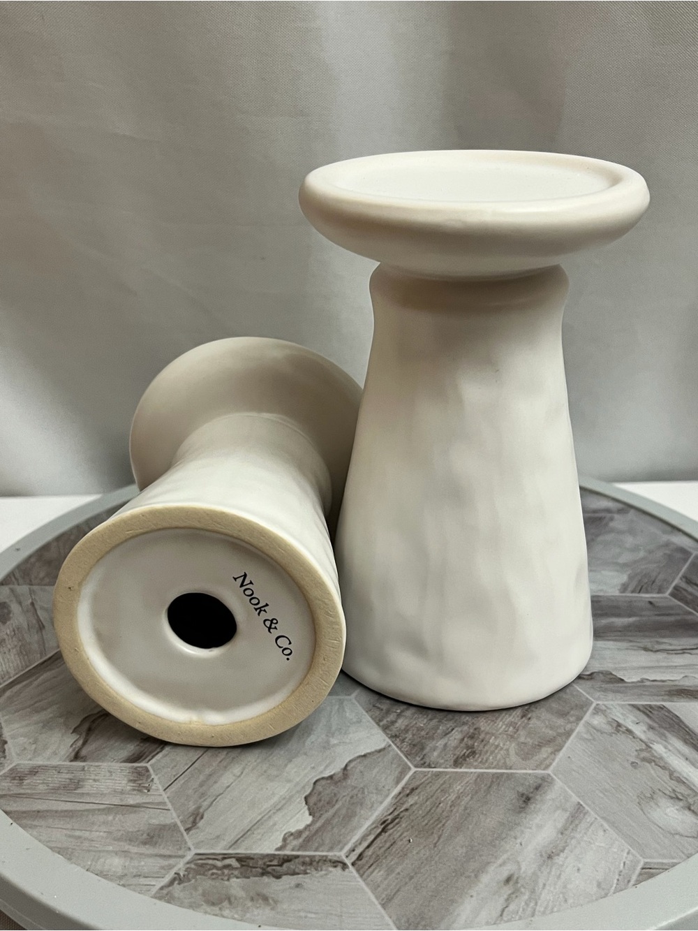 Nook & Co White Ceramic Stoneware Pillar Candle Holders Set of 2 Modern - Picture 5 of 9